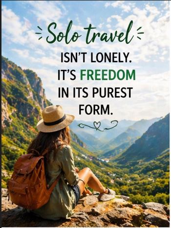 Solo travel quotes about freedom and self-discovery with scenic mountain background