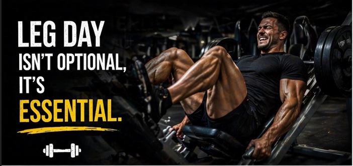 Leg day workout quotes about strength and discipline with gym background